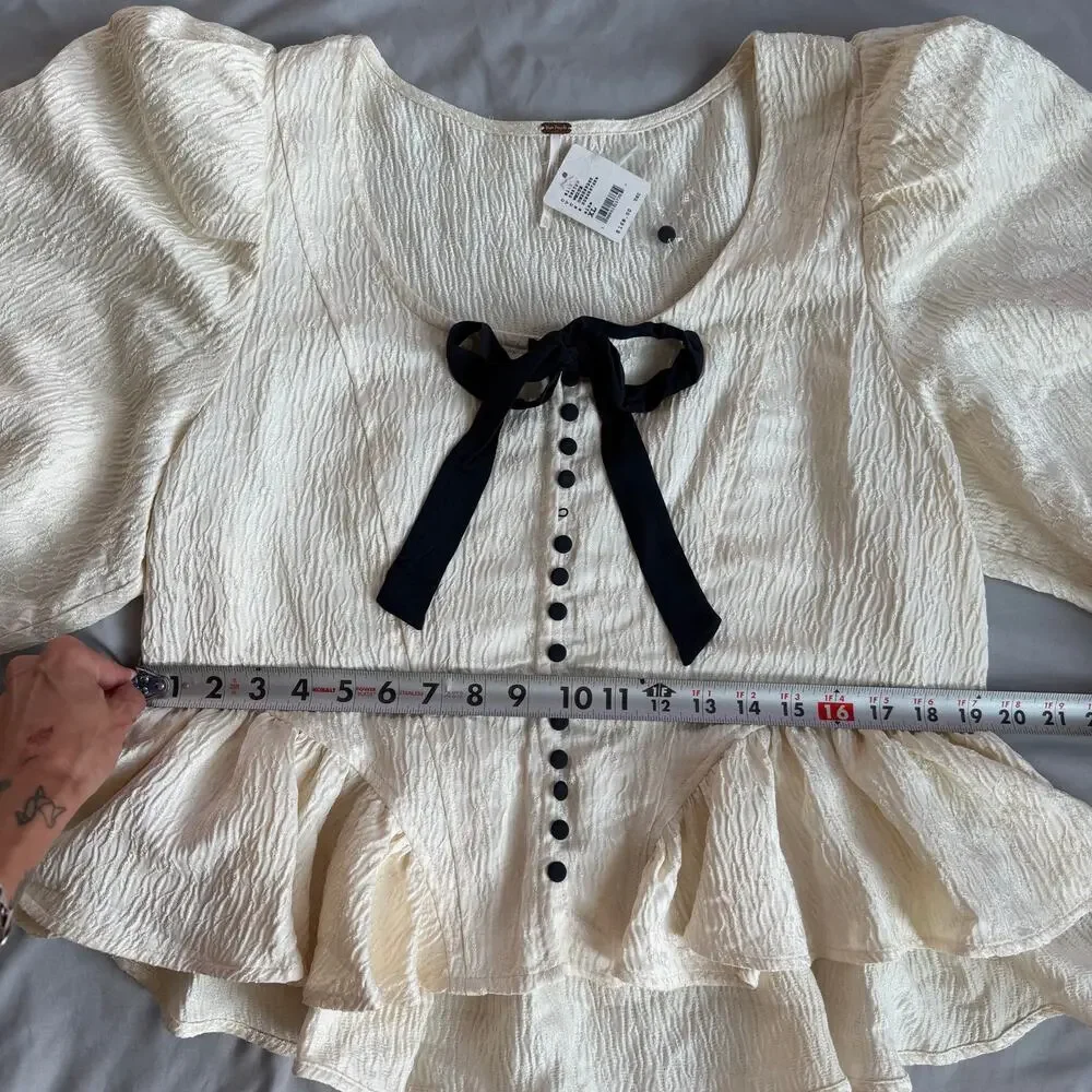 Free People NWT Cream Peplum Blouse Women's XL Textured Puff Sleeve Bow Top